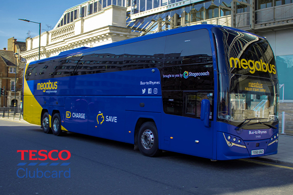 megabus coach with Tesco clubcard logo