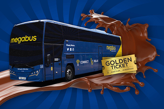megabus coach on a road of chocolate with a golden ticket